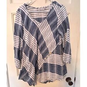 Habitat 100% Linen Striped Blue & White Asymmetrical Tunic Top 3/4 Sleeves Large